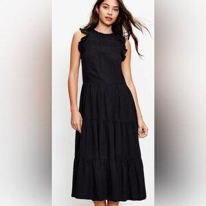 Loft Pintucked Ruffle Midi Tiered Black Sleeveless Dress Size Medium Petite